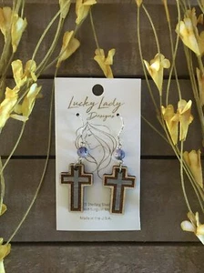 Naturally Stained Wood Cross Laser-Cut Dangle 925 Sterling Silver Earrings - Picture 1 of 2