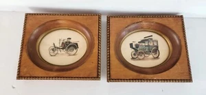 Set Of 2 Vintage Print Horseless Carriage Wood Framed Cottage Core Wall Decor - Picture 1 of 7