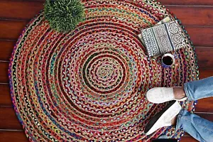 90cm Runder Indischer Hand Geflochten gefertigter Jute Teppich Matte Chindi T30 - Bild 1 von 5