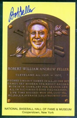 024, Original Autograph of Bob Feller (4), HOF Plaque Postcard, Indians - Image 1 of 3