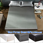 Silk Fitted Sheet&Pillowcase Kit Bed Solid Breathable Soft Mattress Pillow Case