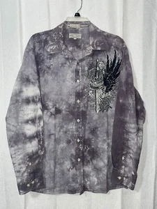 Y2K Men’s Large Gray Watercolor Tie Dye Button Up Shirt Cyber Goth Sword Wings - Picture 1 of 20