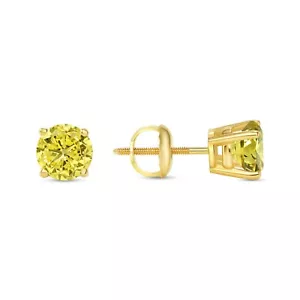 1.75 Ct Round Canary Created Diamond Earrings Real 14K Yellow Gold Basket Screw - Picture 1 of 3