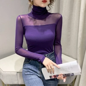 Damen Rollkragen durchsichtig Shirt Netz Spleißen Tops Unterteil Slim Base Tee Bluse - Bild 1 von 21
