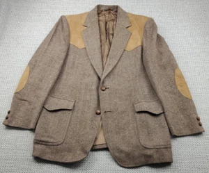 70s Pendleton Western Blazer Mens 44 L Herringbone Wool Suede Elbow Patches - Picture 1 of 19