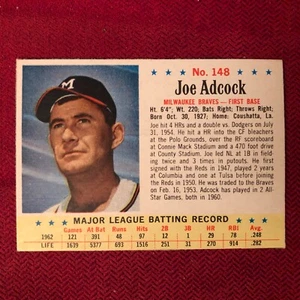 1963 Post Baseball Card # 148 Joe Adcock, Milwaukee Braves - Picture 1 of 2
