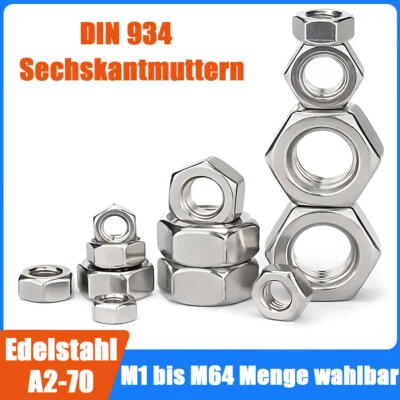 Sechskantmuttern Muttern Edelstahl A2 DIN 934 M1 M2 M3 M4 M5 M6 M8- M64 rostfrei - Bild 1 von 4