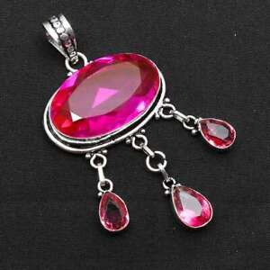 Pink Topaz Gemstone Ethnic Handmade Pendant Jewelry Gift For Girl 2.8" AP-49167
