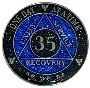 AA 35-Year Shiny Fancy Glitter Recovery Medallion, Alcoholics Anonymous Recover - Picture 1 of 2