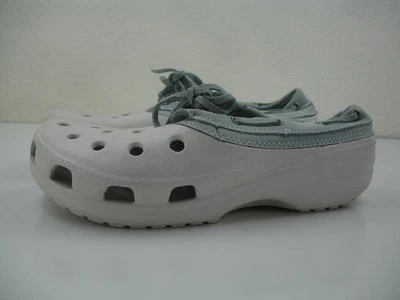 Mens 6 M Womens 8 M Crocs Islander Pitcrew Gray Blue Leather Croslite Boat Shoes - Image 1 of 4