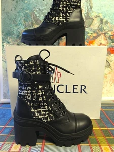 MONCLER 70 Mm COMBAT ENVILE TWEED- Donna Stivaletti In Pelle Nera Taglia 39 Eu - Imagen 1 de 12