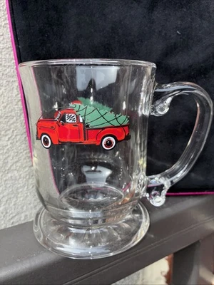 Винтажная стеклянная рождественская елка Libbey красный грузовик кофейная кружка/чашка - Изображение 1 из 4