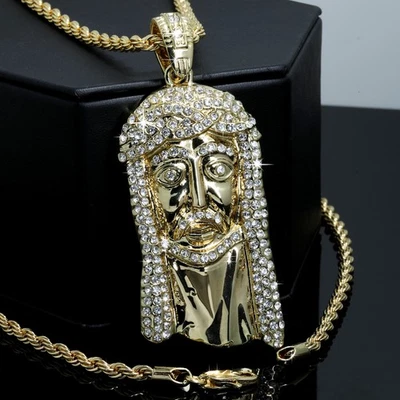 Colgante delgado cara de Jesús circonita cúbica helada cadena de cuerda de 4 mm chapado en oro de 14 k CQ Foto 1 de 4