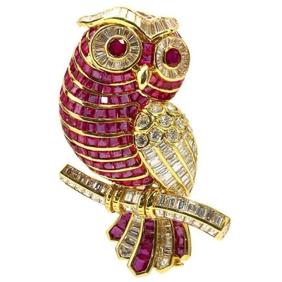 4CT Rubies 2 ct Diamond 925 Silver Owl Brooch - Image 1 of 2