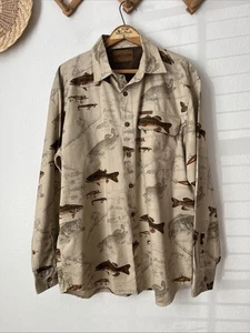 Magellan fish print long sleeve mens shirt bass mesh vent back tan M - Picture 1 of 7
