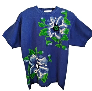 Vintage 80s Womens Lg Outlander Blue Cottagecore Floral Embroided Sweater Granny - Picture 1 of 23