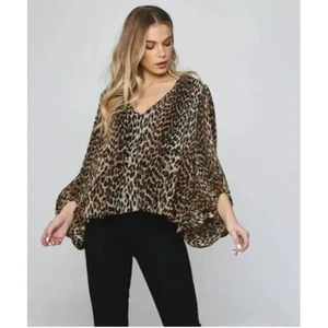 Ganni The Georgette Blouse Pleated Leopard Print Balloon Sleeves 38 M - Picture 1 of 8