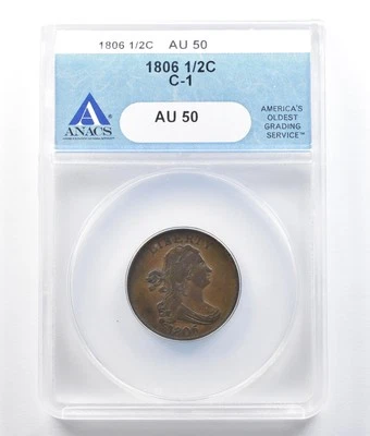 1806 Draped Bust Half Cent C-1 AU50 ANACS Small 6, No Stems *1488 - Image 1 of 3