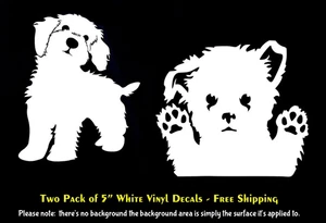 Morkie Malteser Cockapoo - kleiner weißer Hund Doppelpack 5" weiße Vinyl-Aufkleber Auto - Bild 1 von 1