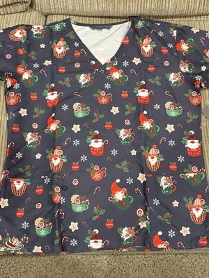 Serene Uniforms Vet Nurse Scrub Top Gray Size Large Christmas Mug Cocoa Gnomes - Image 1 of 4