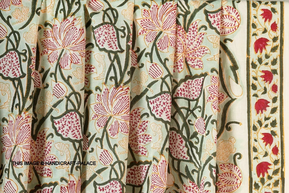 5 Yard Hand Block Green Floral Print Fabric Natural Handmade Cotton Indian Craft - Image 1 of 4