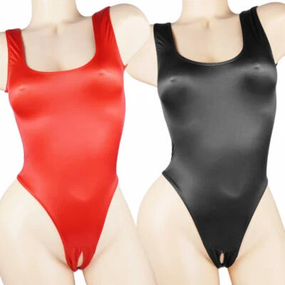 Mujeres Lencería Sedosa Corte Alto Tanga Leotardo Bikini Transparente Brillante Body Mono Foto 1 de 4