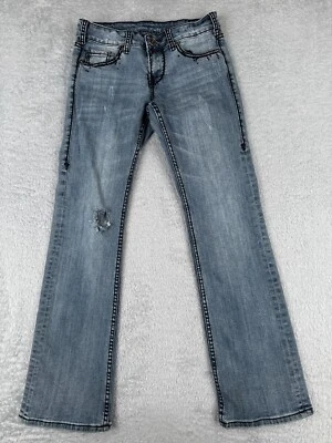 Женские джинсы Cowgirl Tuff 27 из синей джинсовой ткани искусственно состаренные вестерн низкие 27x30 - Изображение 1 из 4