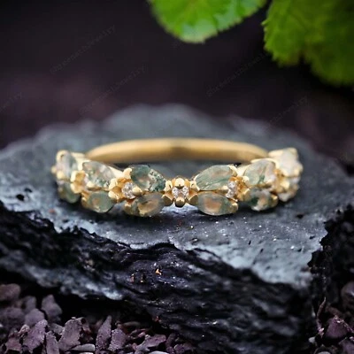 Banda de ágata musgo natural con forma de marquesa de 4x2 mm de oro macizo de 9 k banda de circonita cúbica Foto 1 de 4