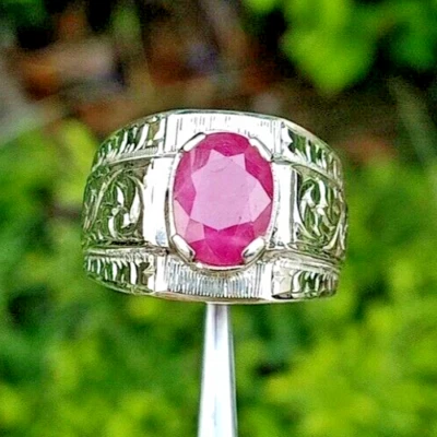 Natural Afghani Ruby Stone Ring Flower Engraved Men's Ring Sterling Silver 925 - Image 1 of 4
