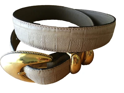 Elegant BB Simon Belt Genuine Leather Women's Size Medium Double Gold Tab Beige - Image 1 of 4