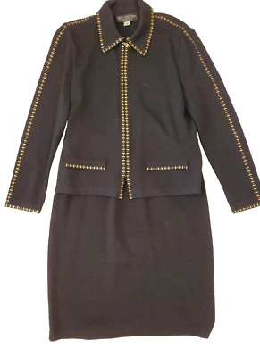 St. John Gold Embellished Jacket Skirt Set size 6 black Santana knit - Image 1 of 4