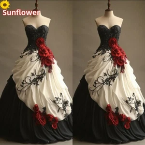 Gothic Black and White Wedding Dresses Sweetheart Neck with Roses Bridal Gowns - Picture 1 of 7