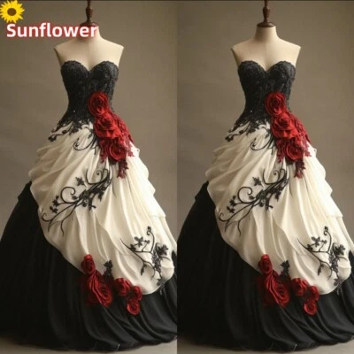 Gothic Black and White Wedding Dresses Sweetheart Neck with Roses Bridal Gowns - Image 1 of 4