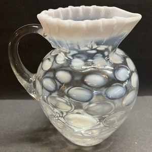 Vtg Fenton Opalescent Coin Dot Pitcher White & Clear Ruffle Top Handle READ Flaw - Picture 1 of 24