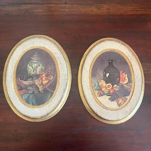 Vintage 2 - ovale gold vergoldet Florentiner Kunst Holz Wandtafeln Obst Stillleben - Bild 1 von 5