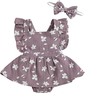 Baby Girls Daisy Playsuits ,Ruffled Bodysuit+Headband , Print Romper Jumpsuit - Picture 1 of 12