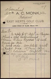 1917 Rare - A. C. MONK Professional Golfer, EAST HERTS GOLF CLUB signed note - Picture 1 of 1