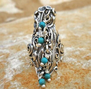 Artist made sterling filigree dangle ring w/turquoise beads, size 8, perfect - Picture 1 of 3