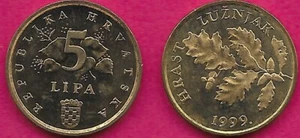 KROATIEN 5 LIPA 1999. UNC PROOFLIKE, ROTE EICHENBLÄTTER, DATUM UNTEN, STÜCKELUNG OBEN - Bild 1 von 1