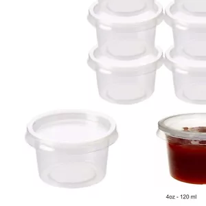 Plastic Food Containers with Lids Round Deli Pots Sauce Dip Chutney 4oz - 120ml - Picture 1 of 10