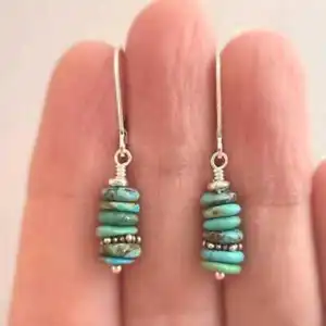 Handmade natural turquoise piece earrings 925 silver hook Dangle Silver Bohemian - Picture 1 of 4