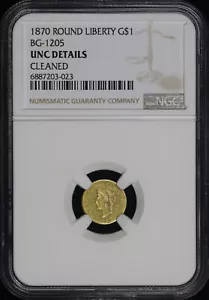 1870 Round Liberty Gold Dollar BG-1205 NGC UNC Details Cleaned - Picture 1 of 2