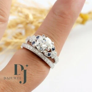 Moissanite Bridal Set Engagement Ring 2.50 Carat Round Cut Solid 14K White Gold - Picture 1 of 14