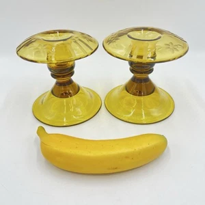 Vintage Amber Color Depression Glass Etched Flowers, Candle Stick Holders - Picture 1 of 12
