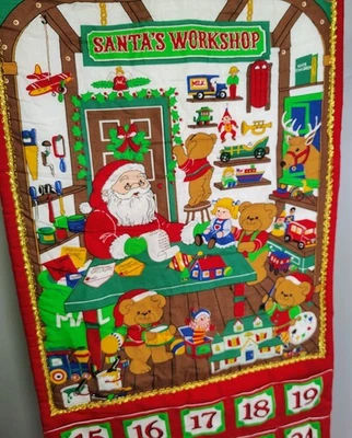 Vtg Beary Merry Christmas Santas Workshop Fabric Advent Calendar Hanging No Tree - Image 1 of 4