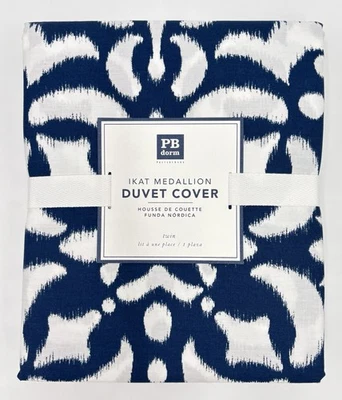 Pottery Barn PB Dorm College Ikat Medallion Cotton Duvet Cover Twin Navy Blue - Image 1 of 2