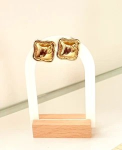 Vintage German Gold Tone Pyramid Clip On Earrings, Modernist Square Dome 1960s - Picture 1 of 10