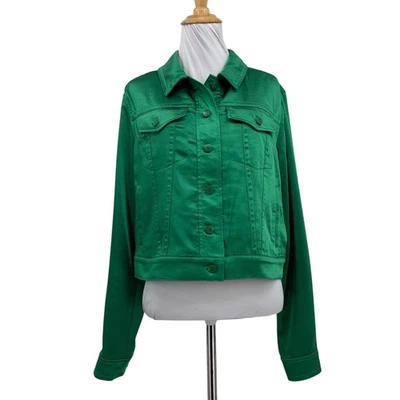 BCBGeneration Jacket Womens M Medium Green Satin Button Up Cropped Pockets - Image 1 of 4