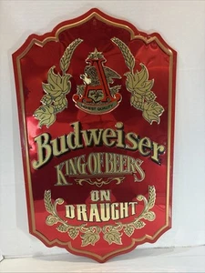 Vintg BUDWEISER King of Beers On Draught Embossed sign w/ hardboard back 25”x15” - Picture 1 of 22