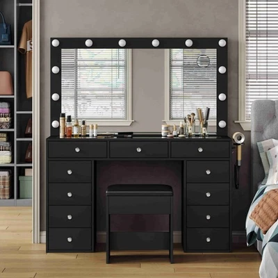 Yanosaku Vanity Desk with Mirror, 11 Drawers Vanity, 12 LED, Black - Image 1 of 4
